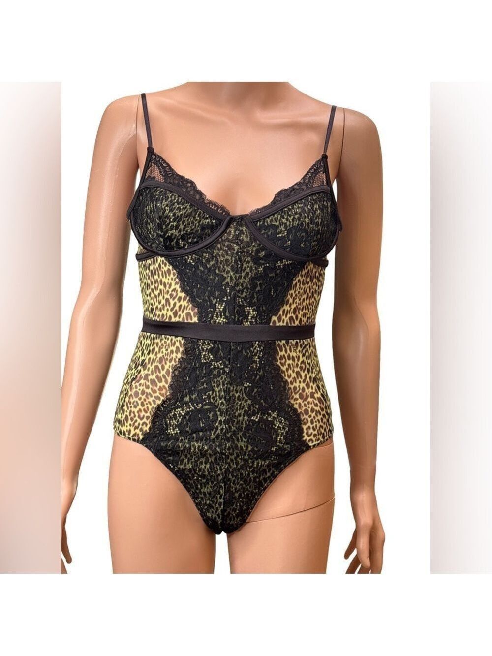 AFRM Leopard and Black Lace Bodysuit Small